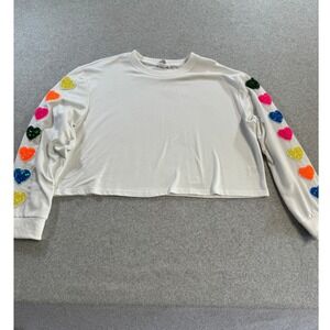 Mainstrip Sequin Heart Sleeve Sweatshirt Womens Large White Excellent Cropped